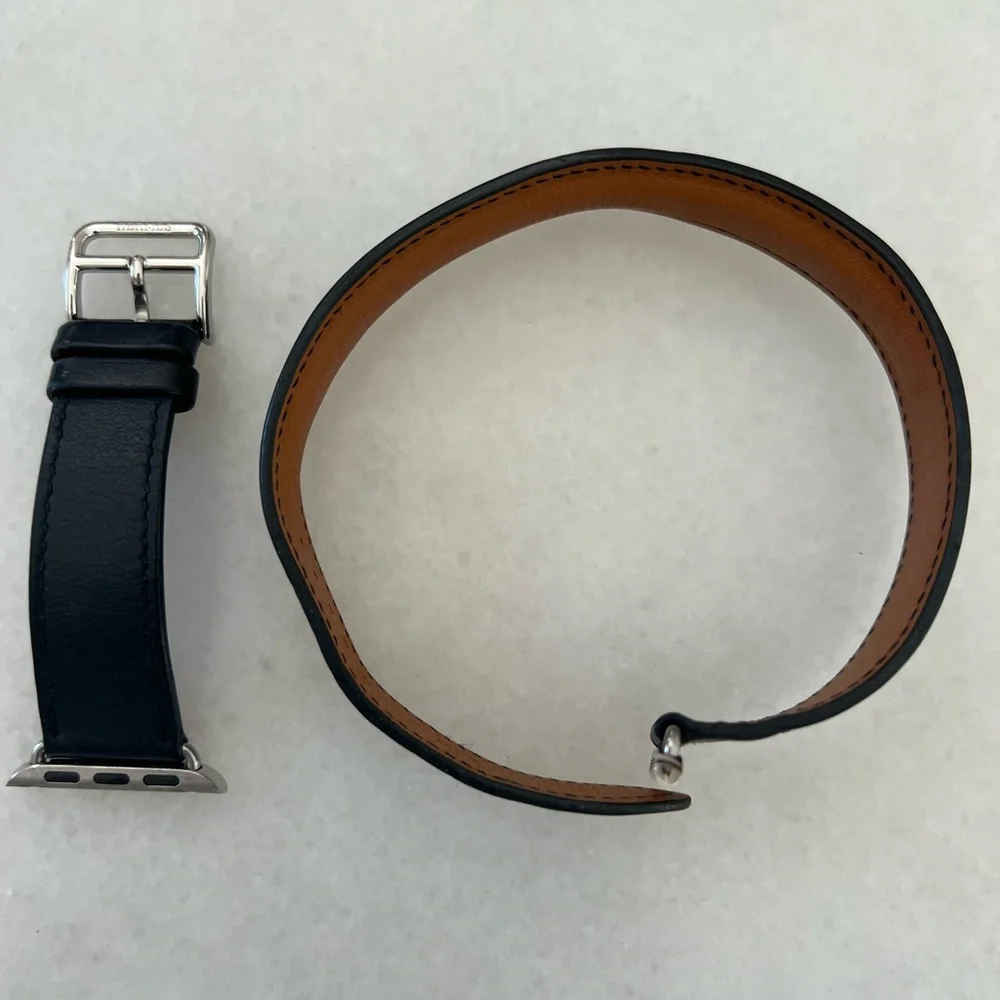 HERMES Apple Watch Double Tour Bleu Indigo leather band 38, 40, 41 mm - Picture 3 of 9